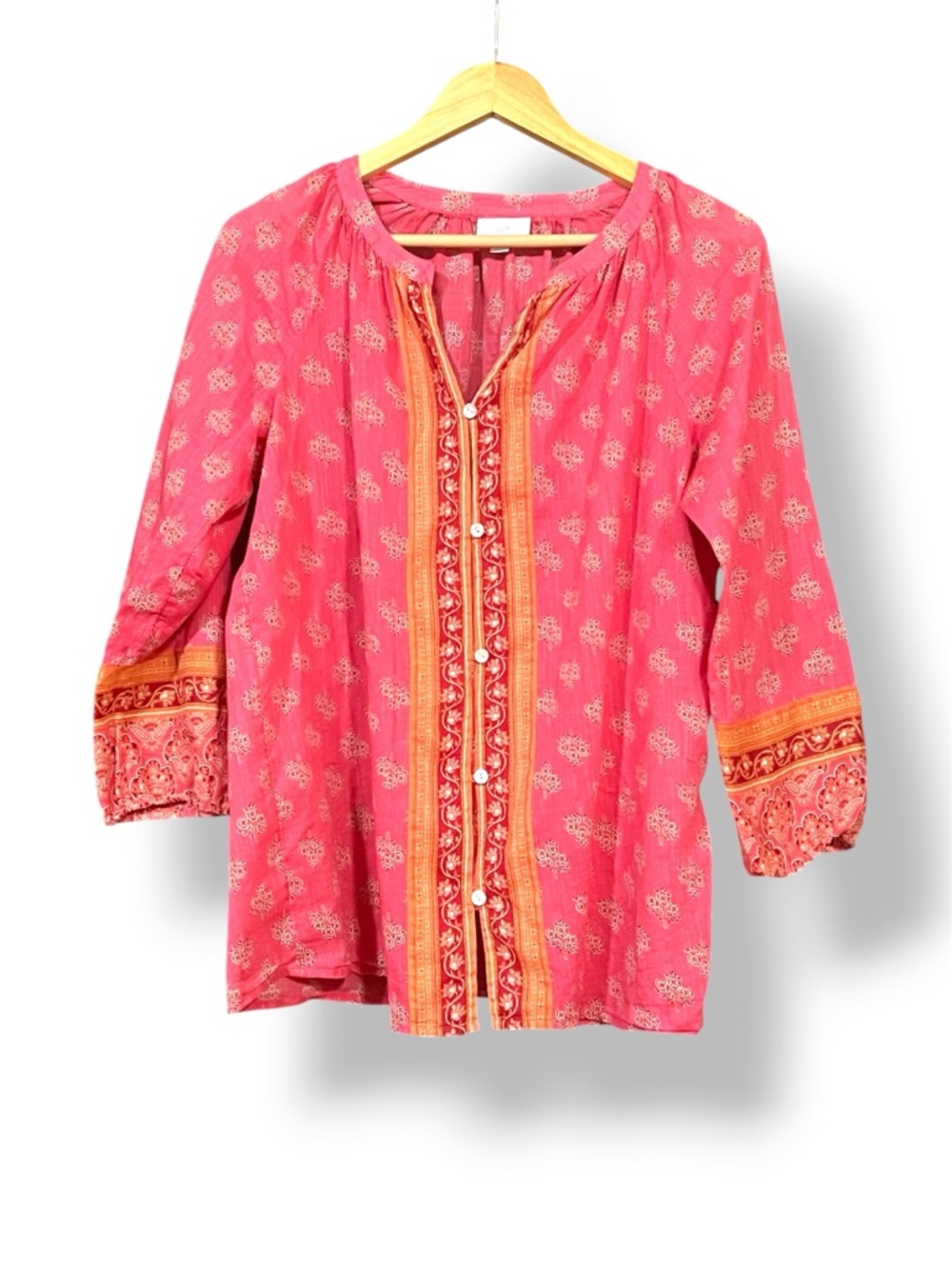 J. Jill Pink and Orange Printed Peasant Boho 100% Cotton Blouse Size M Tall.